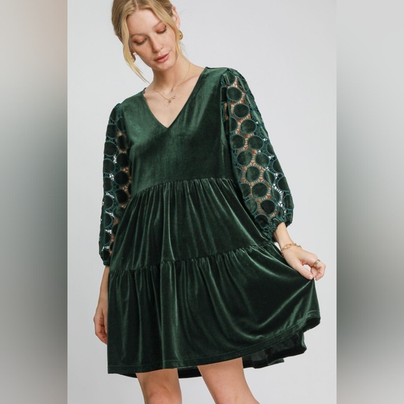 Umgee Lace Velvet Sheer Polka-dot Boho Babydoll Ruffle Long Sleeve Mini Dress - Picture 1 of 14